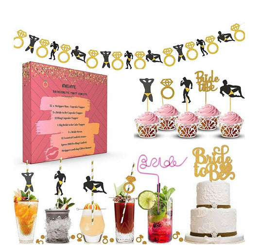 Bachelorette Party Decoration Supplies, Ring, Bride to be Cake Topper , Straws, Banner, Mimosa Bar Gold, Cupcake Toppers