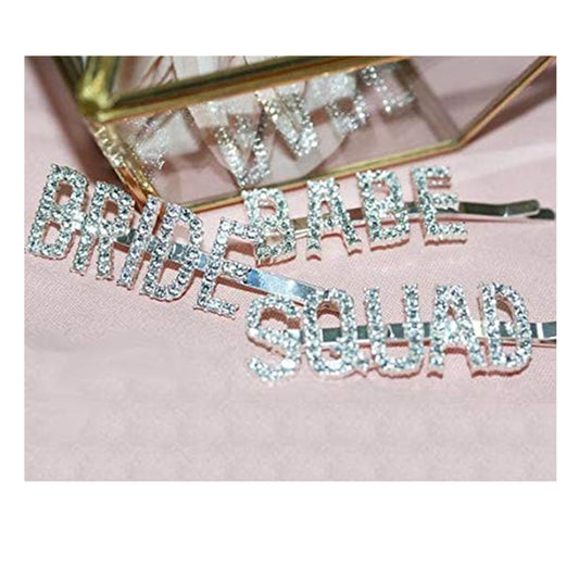 Bridal Shower Parties Bride and Squad Rhinestones Word Bobby Pin Hair Accessories | Pack of 10 I Bachelorette party Decorations