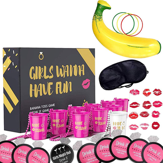Bachelorette Party Games Pack of 57 I 10 Shot necklace Cups I 30 Drink If Drinking Games I Banana with 3 Tossing Ring I Bridal Shower