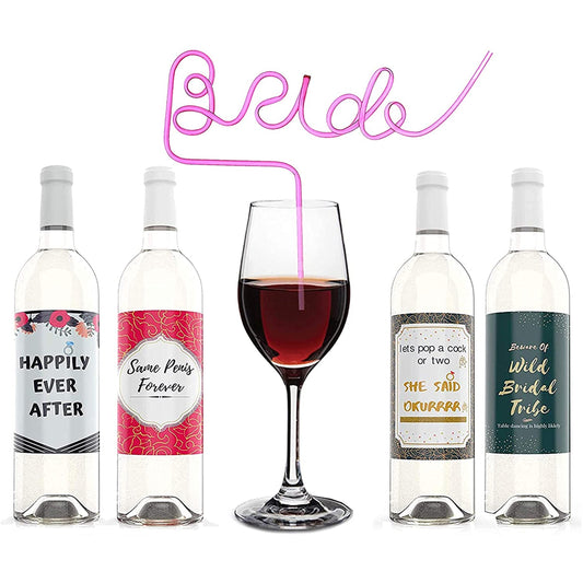 Bachelorette Party Decoration I Bride Straw with Wine Bottle Labels-5 Pack